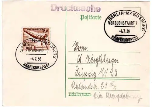 DR 1936, Versuchsfahrt 7 Kraftkurspost Berlin-Magdeburg auf Karte m. 3 Pf