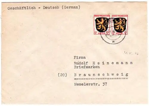 Saar-Vorläufer 1946, MeF 2x12 F. franz. Zone auf  Brief v. Landau