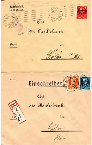 Bayern 1919/20, 2 Reichsbank Briefe v. Hof n. Köln dabei 1mal Einschreiben