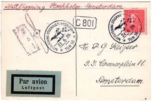 Schweden 1929, 25 öre auf Erstflug Karte Stockholm-Amsterdam NL 
