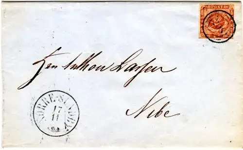 Dänemark 1862, 3-seitig breitrandige 4 Sk auf Brief m. Stpl. 208 Nörre-Sundby