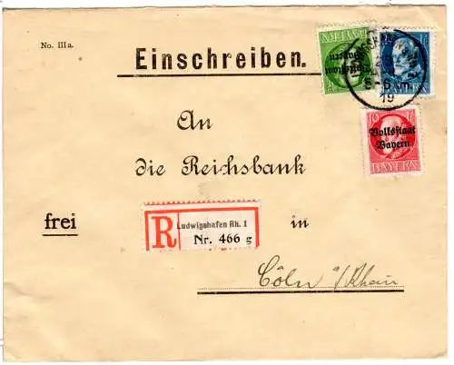 Bayern 1919, 5+10+20 Pf. auf Reichsbank Einschreiben Brief v. Ludwigshafen 