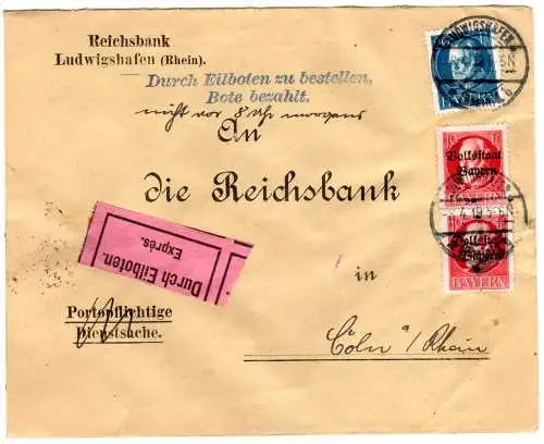 Bayern 1919, 20+2x10 Pf. auf Reichsbank Eilboten Brief v. Ludwigshafen  n. Köln.