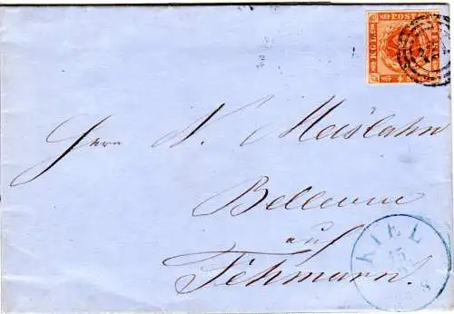 Dänemark 1858, voll-/ breitrandige 4 Sk auf Brief m. Stpl. 121 Kiel