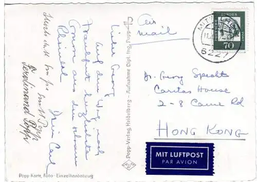 BRD 1967, EF 70 Pf. auf Luftpost Karte v. Mittelheim n. Hong Kong