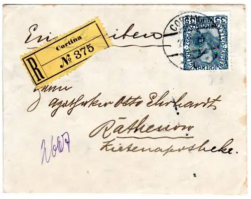 Österreich 1910, 35 H. auf Einschreiben Brief v. Cortina (d´Ampezzo), Italien