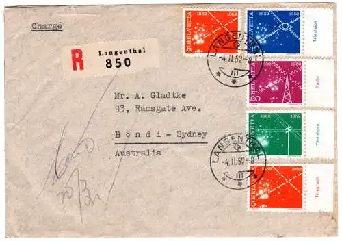 Schweiz 1952, 5 Werte Nachrichtenwesen auf R-Brief v. Langenthal n. Australien