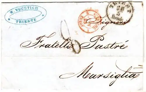 Österreich 1858, K1 Triest Abends auf Firmen Brief m. Frankreich Portostempel 8