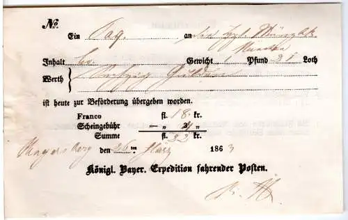 Bayern 1863, Postschein v. Hengersberg m. korrigierter Scheingebühr
