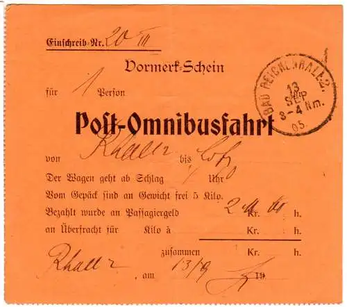 Bayern 1905, Vormerk-Schein f. Post-Omnibusfahrt m. K1 Reichenhall 2