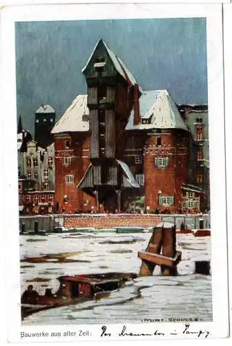 Danzig Krantor im Winter, 1926 gebr. Künstler Farb-AK