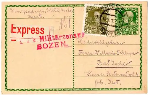 Österreich 1916, 30 H. auf 5 H. Express Ganzsache v. Trient m. Bozen Zensur