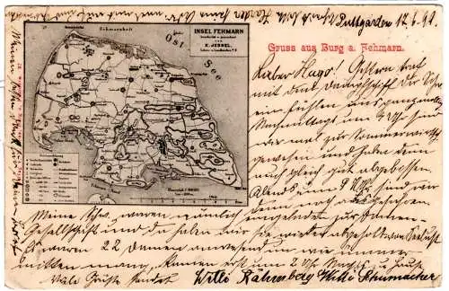 Gruss aus Burg a. Fehmarn m. Landkarte, 1899 n. GB gebr. sw-AK