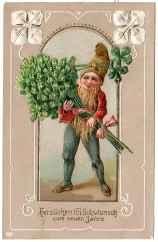 Glückwunsch zum Neuen Jahre m. Zwerg u. Kleeblattstrauss, 1911 gebr. Päge-AK