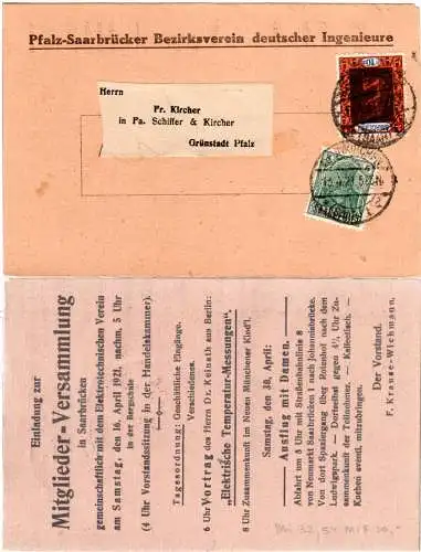 Saargebiet 1921, 5+10 Pf. auf Einladungskarte v. Neunkirchen n. Grünstadt