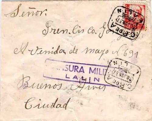 Spanien 1937, 30 C. auf Zensur Brief v. Lalin n. Argentinien