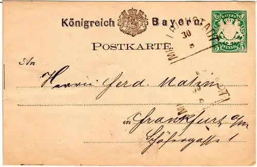 Bayern 1876, HKS MELLRICHSTADT auf 5 Pfg. Ganzsache n. Frankfurt.