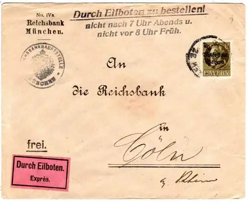 Bayern 1919, 40 Pf. auf Reichsbank Eilboten Brief v. München n. Köln.