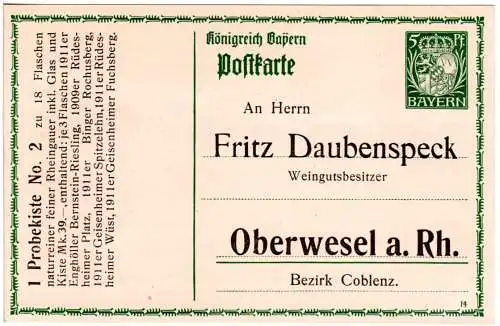 Bayern, 5 Pf. Ganzsache m. Weingut Zudruck F. Daubenspeck Oberwesel