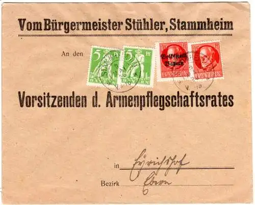 Bayern 1920, 15+15+2x5 Pf. Abschied auf Bürgermeister Brief v. Stammheim
