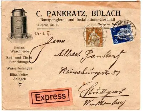 Schweiz 1920, 25+30 C. auf Firmen Express Brief v. Zürich n. Württemberg