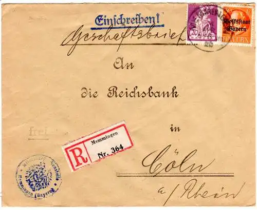 Bayern 1920, 20+30 Pf. auf Reichsbank Einschreiben Brief v. Memmingen n. Köln.