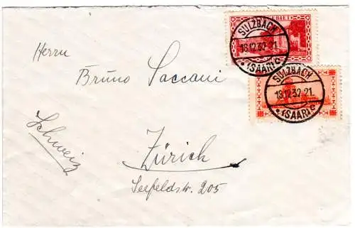 Saar 1932, 60+90 C. auf Auslands Brief v. Sulzbach i.d. Schweiz