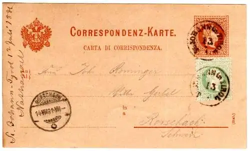 Österreich 1881, K1 St. Johann in Tirol auf Ganzsache m. Zusatzfr. i.d. Schweiz