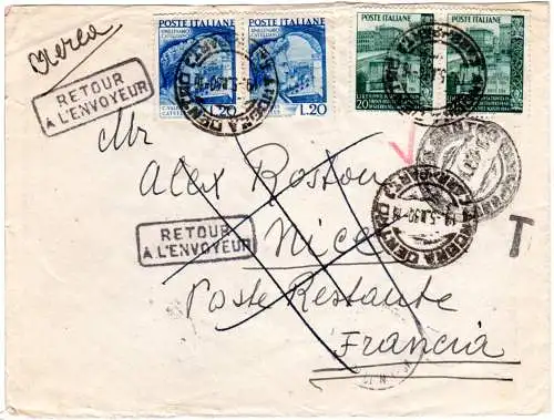 Italien 1950, 2 Paare 20 L. auf Poste Restante Porto Brief v. Ancona n. Nizza