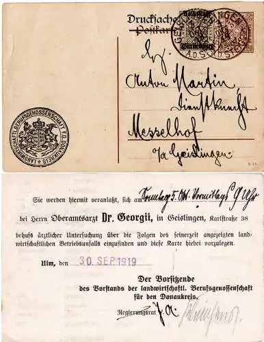 Württemberg 1919, 2 1/2 Pf. auf 3 Pf. amtl. Ganzsache v. Geislingen n. Messelhof