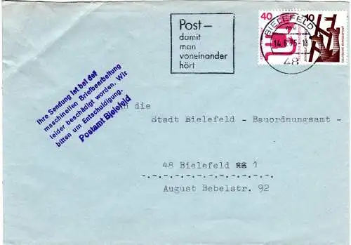 BRD 1975, Bielefeld Postautomation, ob. li. geknitterter Brief m. Hinweisstempel