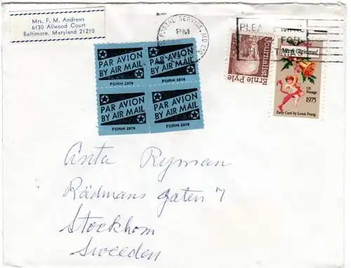 USA 1975, 4 Luftpost-Etiketten (Form 2978) auf Brief v. Baltimore n. Schweden