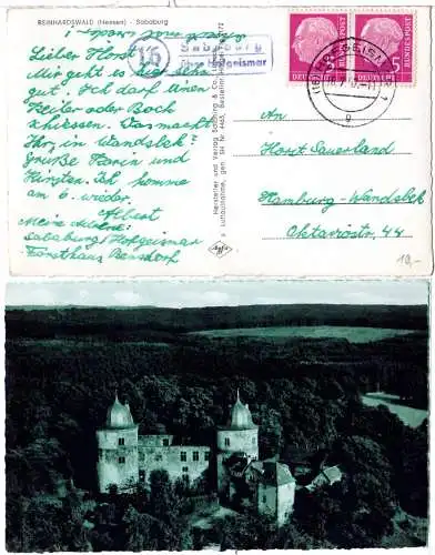 BRD 1957, Landpost Stpl. 15 SABABURG über Hofgeismar auf sw-AK m. 2x5 Pf.