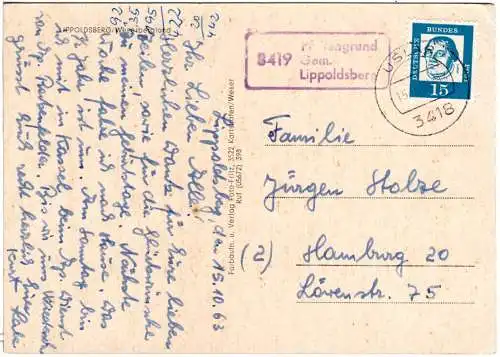 BRD 1963, Landpost Stpl. 8419 PFEIFENGRUND Gem. Lippoldsberg auf AK m. 15 Pf.