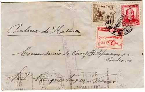 Spanien 1937, 3 Marken auf Zensur Brief v. Zarauz n. Palma de Mallorca
