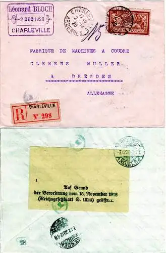 Frankreich 1920, 50 C. auf Einschreiben Zensur Brief v. Charleville n. Dresden