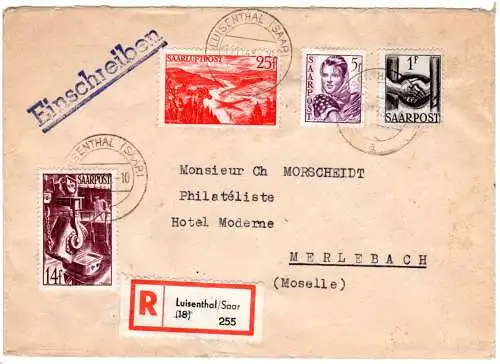 Saar 1948, 1+5+14+25 F. Luftpost auf Auslands-Einschreiben Brief v. Luisenthal 