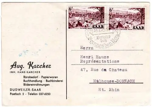 Saar 1954, MeF 2x6 F. Hängebrücke Mettlach auf Firmen Karte v. Dudweiler