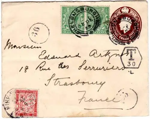GB 1922, 2x1/2d auf 1 1/2d Ganzsache Brief v. Helensburgh m. Frankreich Porto