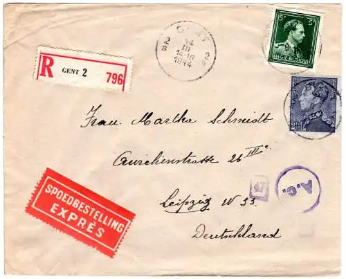 Belgien 1944, 5+2,25 F auf Eilboten-Einschreiben Zensur Brief v. Gent n. Leipzig