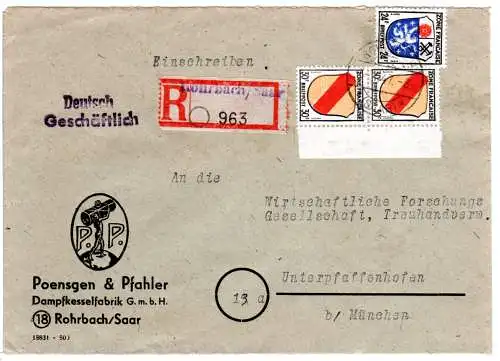 Saar 1947, 24+2x30 F. auf Firmen Einschreiben Brief v. Rohrbach n. Bayern.