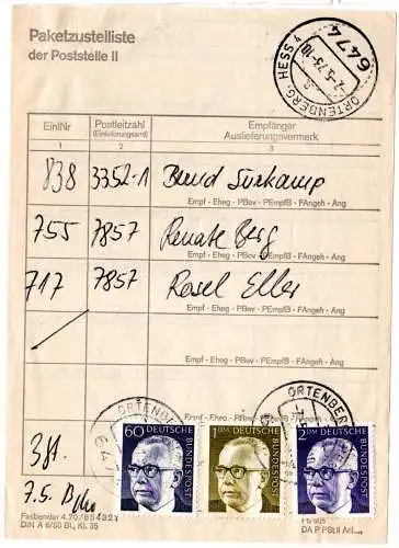 BRD 1973, 60 Pf+1+2 DM Heinemann auf Postschein Paketzustelliste v. Ortenberg