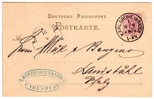 DR 1880, Klaucke Stpl. Karlsruhe in Baden 1 klar auf 5 Pf. Ganzsache