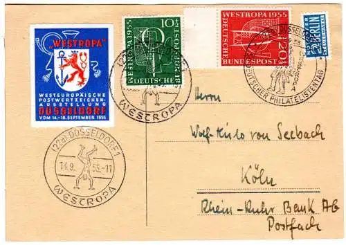 BRD 1955, 10+20 Pf. Westropa auf Karte v. Düsseldorf m. entspr. Vignette
