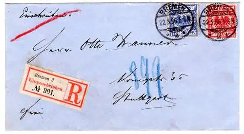 DR 1896, 10+20 Pf. auf Einschreiben Brief v. Bremen 2 n. Württemberg.