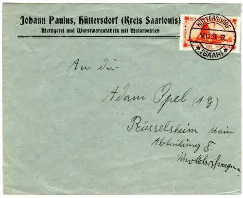 Saargebiet 1933, 60 C. auf Firmen Brief v. Hüttersdorf
