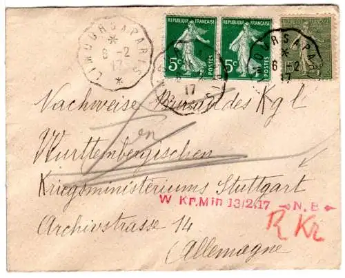 Frankreich 1917, 15+2x5 c. auf Brief  an d. Kgl. Württemberg. Kriegsministerium 