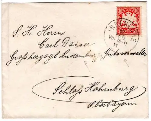 Bayern 1911, Oberpfalz-K1 Irrenlohe auf Brief m. 10 Pf. n. Schloss Hohenburg