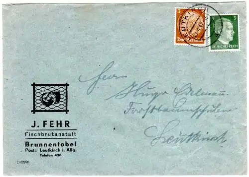 DR 1942, 3+5 Pf. auf Firmen Orts-Brief v. Leutkirch Brunnentobel