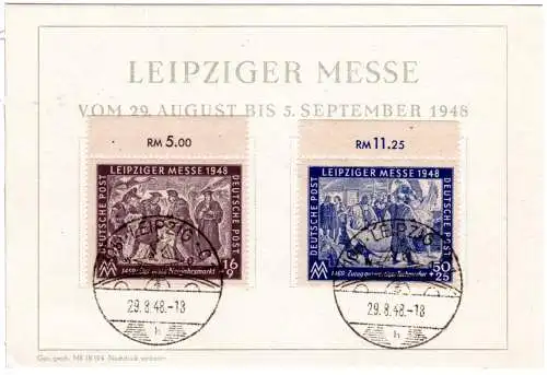 SBZ 1948, 16+50 Pf. Leipziger Messe auf Ereigniskarte m. Ersttagsstempel. FDC.